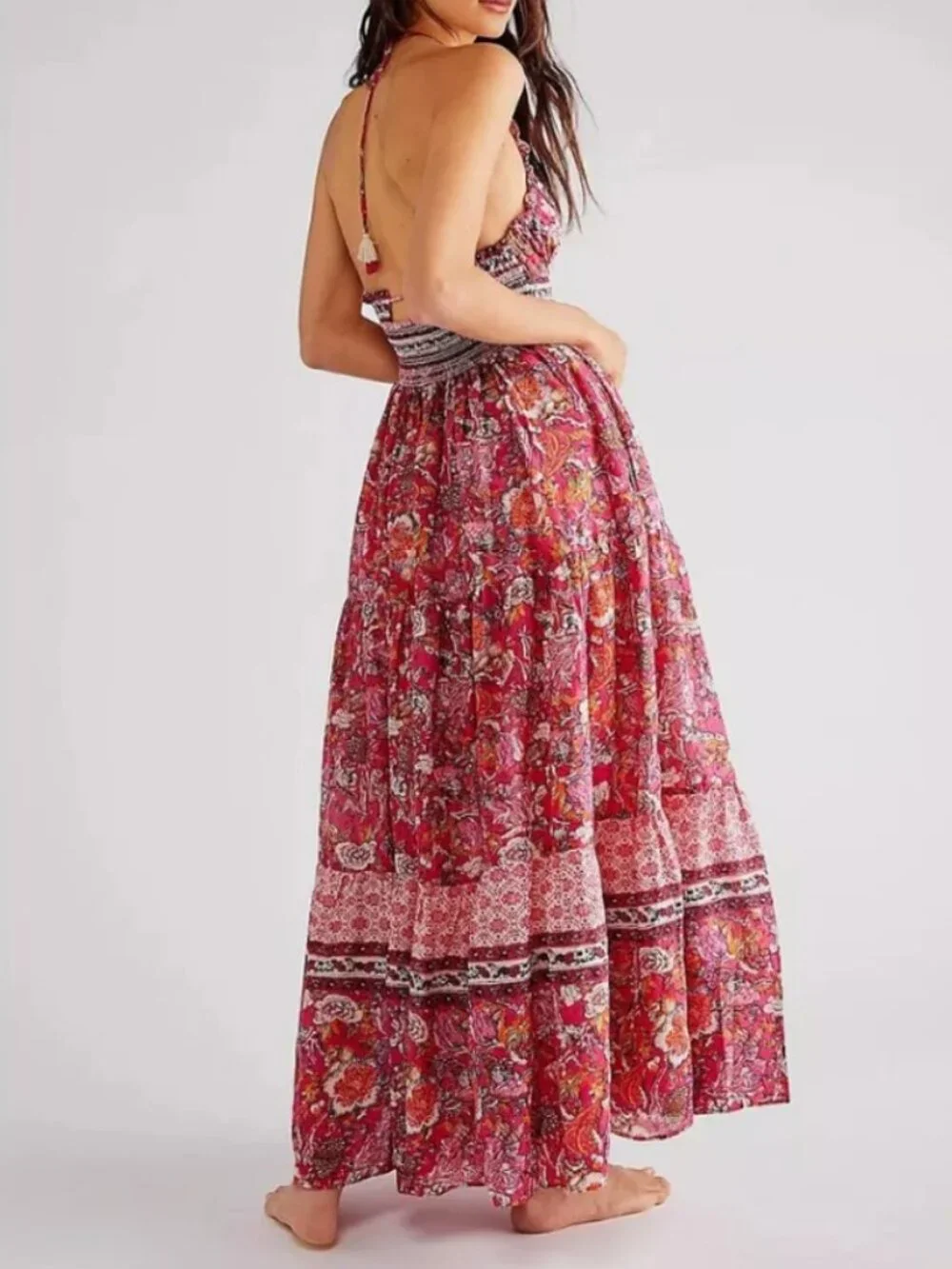 Free People Real Love Backless Halter Maxi Dress Size Small Meadow Combo